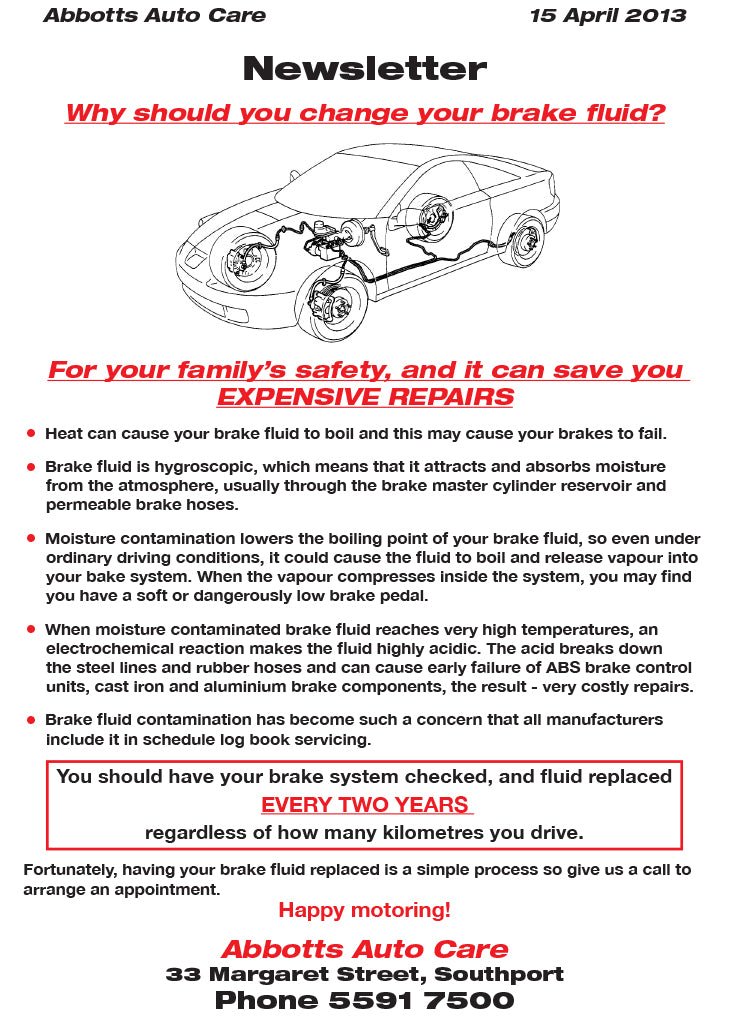 Newsletter April 2013 Brake Fluid Flush Abbott's Auto Care
