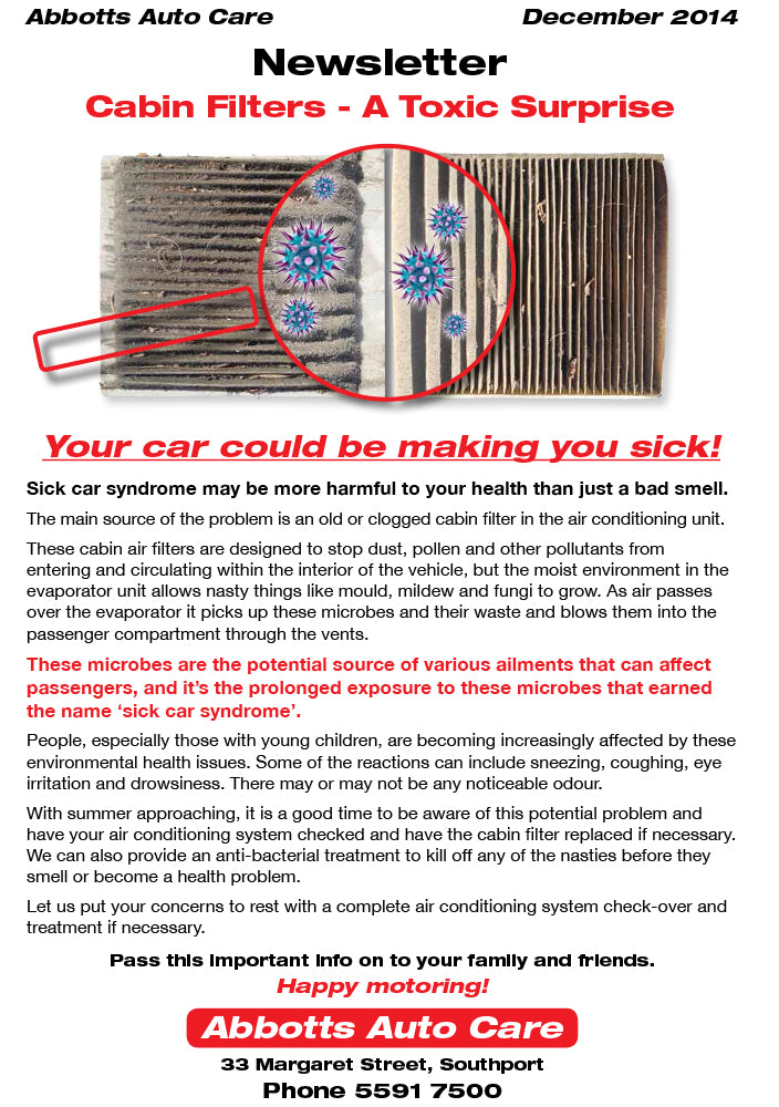 Newsletter Dec 2014 Cabin Filter Abbott's Auto Care