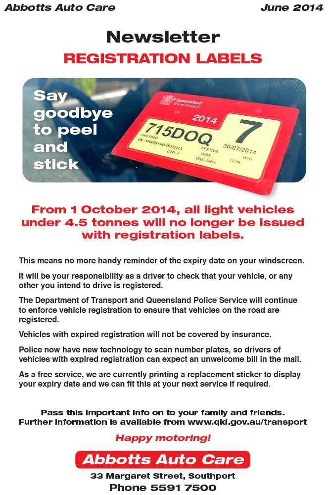 Newsletter June 2014 Rego Labels Abbott's Auto Care