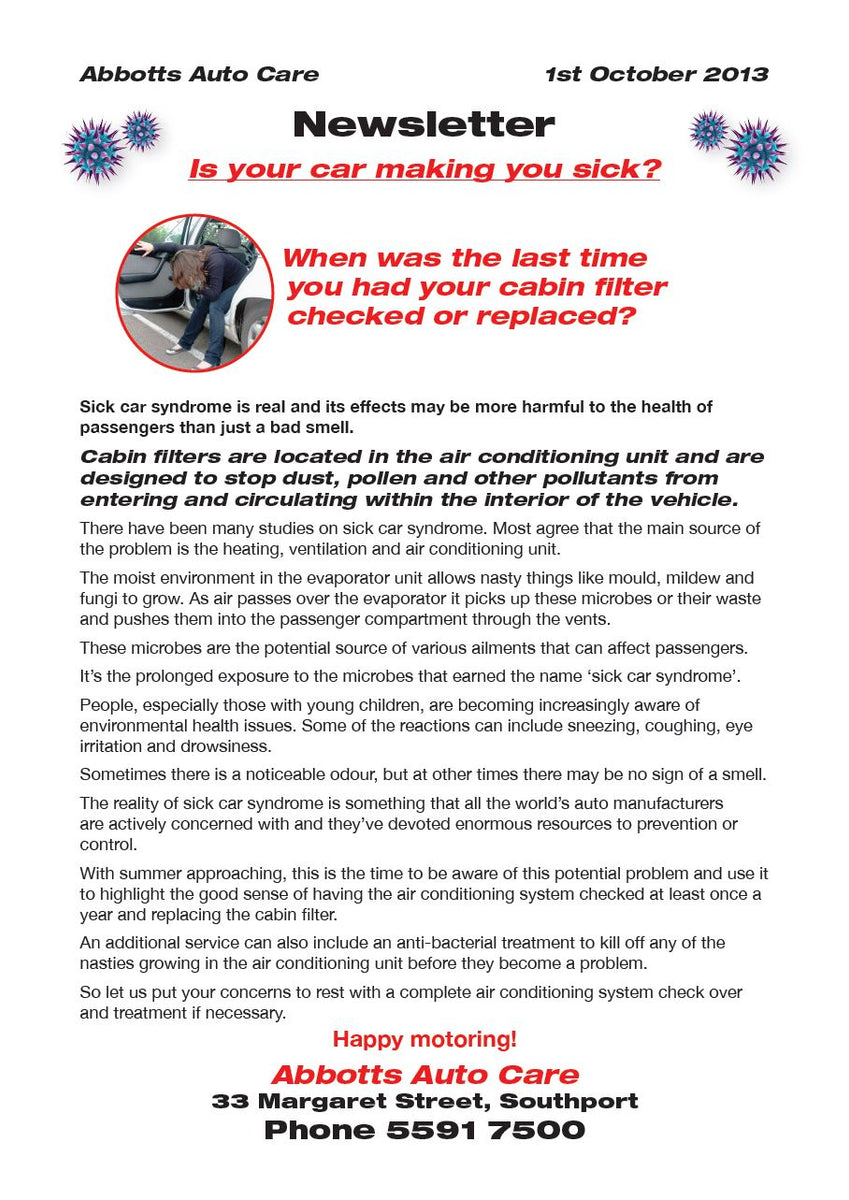 Newsletter October 2013 Sick Car Syndrome Abbott's Auto Care